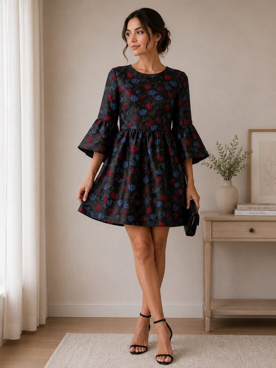Alice + Olivia Dresses & Skirts - Alice + Olivia Black Floral Jacquard Babydoll Dress with Red & Blue Tulips